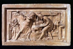 Hommes travaillant à une enclume, plaque