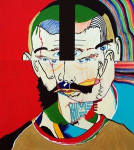 Surportrait : Mathieu Leroux, 2021 (huile et acrylique sur 3 panneaux de bois juxtaposés)