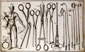 Différents types de pinces et instruments chirurgicaux. Un homme portant différents types de tourniquets et bandages. Planche de chirurgie illustrée par Benoist Louis Prevost (1735-1809). XVIIIe siècle