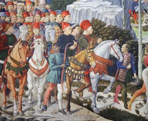 Piero de Médicis (sur une mule), Cosimo de Médicis (au centre) et le duc Salviati (à cheval), détail du cycle du Voyage des Mages dans la chapelle, vers 1460 (fresque). - Benozzo di Lese di Sandro Gozzoli