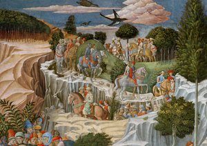 Procession à cheval descendant une colline (détail du cycle du Voyage des Mages dans la chapelle) - Benozzo di Lese di Sandro Gozzoli