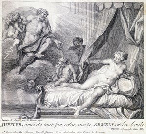 Jupiter (Zeus) brûle Sémélé avec sa foudre. Gravure du 18e siècle d