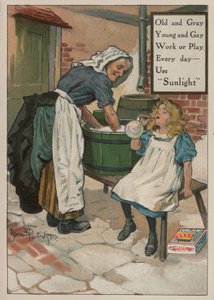 Jeune fille soufflant des bulles tandis que sa grand-mère fait la lessive : publicité pour le savon Sunlight