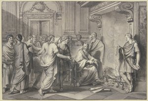Un Romain jette des rouleaux de papier au feu en présence de nombreuses personnes - Bernard Picart