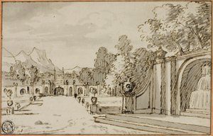 Jardin à la française avec fontaine au premier plan - Bernard Picart