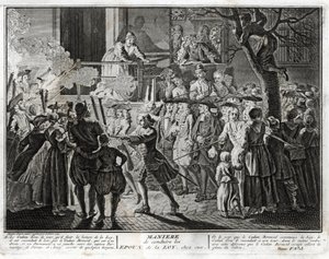 Judaïsme : la manière de conduire les époux de la Loi à la maison - une représentation de la procession par laquelle la communauté honorait, lors de la fête de Simhat Torah, ceux qui avaient été choisis, l