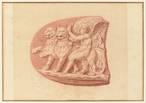 Une des quatre études après camées, trois avec des portraits de profil classiques et une avec un relief fragmentaire de Cupidon et deux lions tirant un char - Bernard Picart
