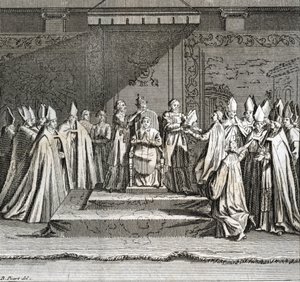 Inauguration solennelle du pontificat « Représentation de la couronnement du pape » Gravure de « Illustration des cérémonies et coutumes religieuses de tous les peuples du monde » par Bernard Picart (1723-1743) - Bernard Picart