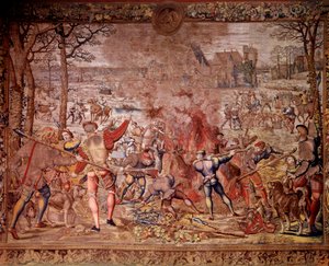 Les chasses de Maximilien appelées « Belles chasses de Guise » : le mois de janvier, Verseau, chasse au sanglier, flambée, curée - Tapisserie réalisée dans les ateliers flamands par Bernard van Orley