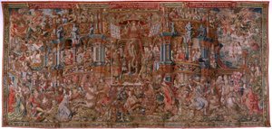 Tapisserie flamande. Série Les Honneurs. La Renommée (La Fama). Troisième tapisserie de la série. Modèle Cartonnistes du cercle de Bernard van Orley et Jan Gossaert (Mabuse). Manufacture Pieter van Aelst, Bruxelles. Vers 1550. Tissu Or, argent, soie et lai