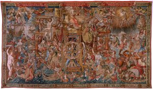 Tapisserie flamande. Série Les Honneurs. La Fortune, Le chemin des Honneurs. Cinquième tapisserie de la série. Modèle Dessinateurs du cercle de Bernard van Orley et Jan Gossaert de Mabuse. Manufacture Pieter van Aelst, Bruxelles.
