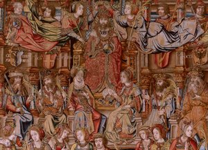 Tapisserie flamande. Série Les Honneurs. Honneur. Deuxième tapisserie de la série. Modèle Cercle de Bernard van Orley et Jan Gossaert (Mabuse). Manufacture Pieter van Aelst, Bruxelles. Vers 1550. Tissu Or, argent, soie et laine. - Bernard van Orley