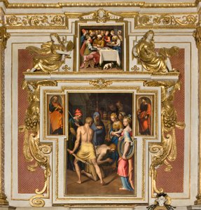 Chapelle de Notre-Dame du Peuple, Deuxième travée côté nord, Bernardino Campi, Décollation du Baptiste 1569, Sur les côtés Saint Pierre et Saint Paul 1520-30, Bernardino Campi, Banquet d