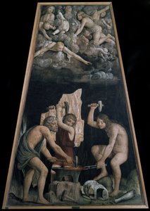 Armes divines forgées dans la forge de Vulcain devant des anges allongés dans les nuages (détail)