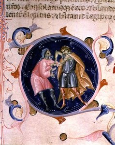 Miniature de deux hommes se querellant, de la Bible de Charles V de Valois - Bernardino da Modena