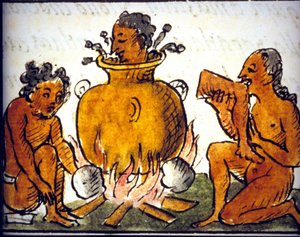 Cannibalisme rituel chez les Aztèques. Manuscrit de Bernardino de Sahagun. 17ème siècle. (détail)