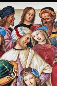 Bibliothèque Piccolomini, mur nord-est : Énée Sylvius prononce un discours devant le roi Jacques Ier d