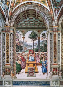 Bibliothèque Piccolomini, mur nord-est : « Énée Sylvius prononce une oraison devant le roi Jacques Ier d