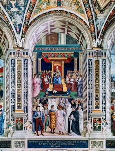 Bibliothèque Piccolomini, mur sud-ouest : "Pie II canonise Sainte Catherine de Sienne, 29 juin" - Bernardino di Betto Pinturicchio