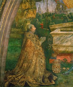 La Résurrection. Le pape Alexandre VI Borgia agenouillé devant un sarcophage vide (peinture murale)