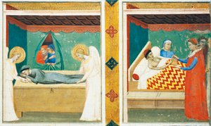 Prédelle de la Sacra Cintola (Ceinture Sacrée), par Bernardo Daddi (1290-1348), détail avec deux carreaux - Bernardo Daddi