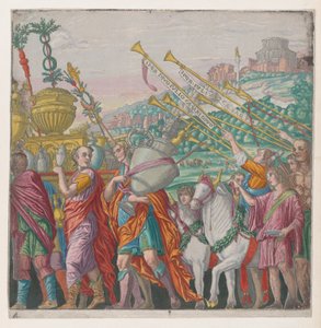 Planche 4 : Hommes portant des trophées à gauche, trompettistes à droite, de Le Triomphe de Jules César