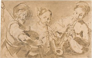 Trois musiciens jouant du cor et du pipeau - Bernardo Strozzi