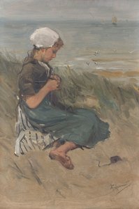 Fille tricotant dans les dunes