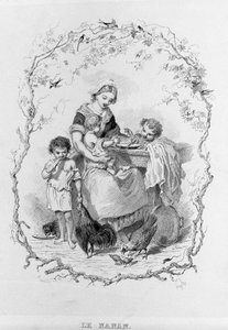 La nanan : une jeune mère donne à manger à ses trois enfants dans "La Physiologie du Goût" par Brillat-Savarin illustré par Bertal. Paris 1840. Jean Anthelme Brillat-Savarin (1755-1826) gastronome français