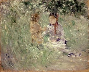 Femme et enfant dans un pré à Bougival