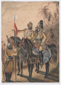 Deux officiers montés et un sowar démonté, 4ème cavalerie irrégulière du Bengale, vers 1850