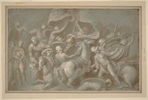 Scène de bataille (pinceau et lavis brun avec gouache blanche sur craie noire sur papier bleu) - Biagio Pupini