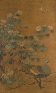 Paon et roses trémières