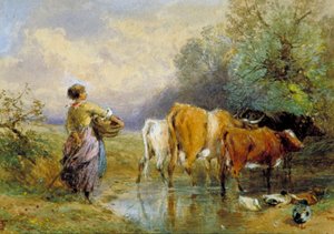 Une fille conduisant du bétail à travers un ruisseau - Birket Foster