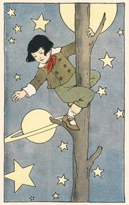Garçon grimpant à un arbre parmi les étoiles et les planètes - Blanche Fisher Wright