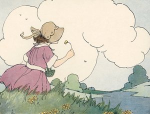 Jeune fille sentant une fleur sauvage sous un ciel d