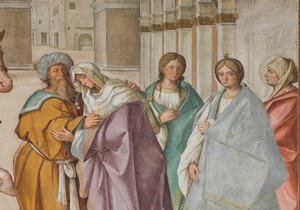Nef centrale, Première travée nord, Rencontre de Saint Joachim et Sainte Anne à la Porta Aurea, Boccaccio Boccaccino 1514-15, (détail)