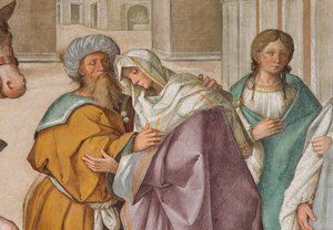 Nef centrale, Première travée nord, Rencontre de Saint Joachim et Sainte Anne à la Porta Aurea, Boccaccio Boccaccino 1514-15, (détail)