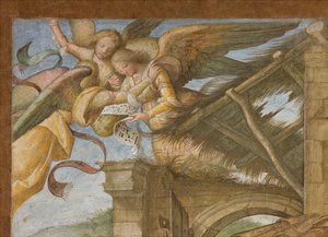 Nef centrale, Quatrième travée nord, Adoration des bergers, Boccaccio Boccaccino 1516-17, (détail) - Boccaccio Boccaccino