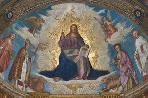 Le Rédempteur en gloire parmi Saint Himérius, Saint Marcellin, Saint Omobono et Saint Pierre, et les symboles des évangélistes