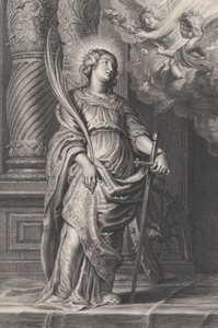 Sainte Catherine tenant des feuilles de palmier et une épée, deux putti au-dessus tenant une couronne de laurier..., vers 1625-59 - Boetius Adams Bolswert