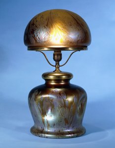 Lampe de table rare Loetz en laiton (verre avec lustre métallique doré et bronze) - Bohemian School