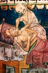 La mort étranglant une victime de la peste - Miniature extraite du codex Stini, Bohême - Bohemian School