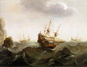 Un navire marchand néerlandais vers les Indes orientales laisse passer deux bateaux de pêche au hareng - Bonaventura Peeters