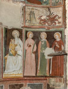 Transept nord, Autel de Saint Michel Archange, Derrière le retable les fresques de Boniface Bembo, Vierge et Enfant Sainte Aquiline et Sainte Catherine d