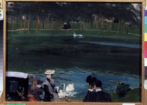 Bois de Boulogne. Le lac avec des cygnes et des promeneurs - Boris Mikhailovich Kustodiev