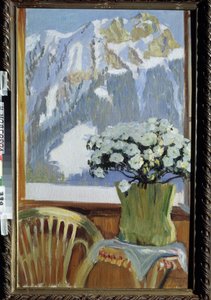 Fleurs sur le balcon, avec vue sur la montagne
