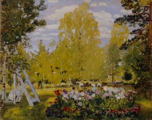 Paysage avec un parterre de fleurs