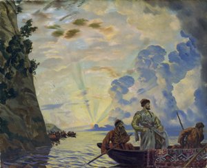 Le chef cosaque Stepan Timofeievitch Razine dans une barque - Boris Mikhailovich Kustodiev