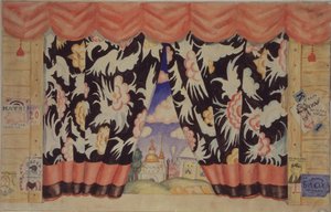 Croquis de rideau pour la pièce de théâtre La Puce par E. Zamiatine, 1925-1926 - Boris Mikhailovich Kustodiev